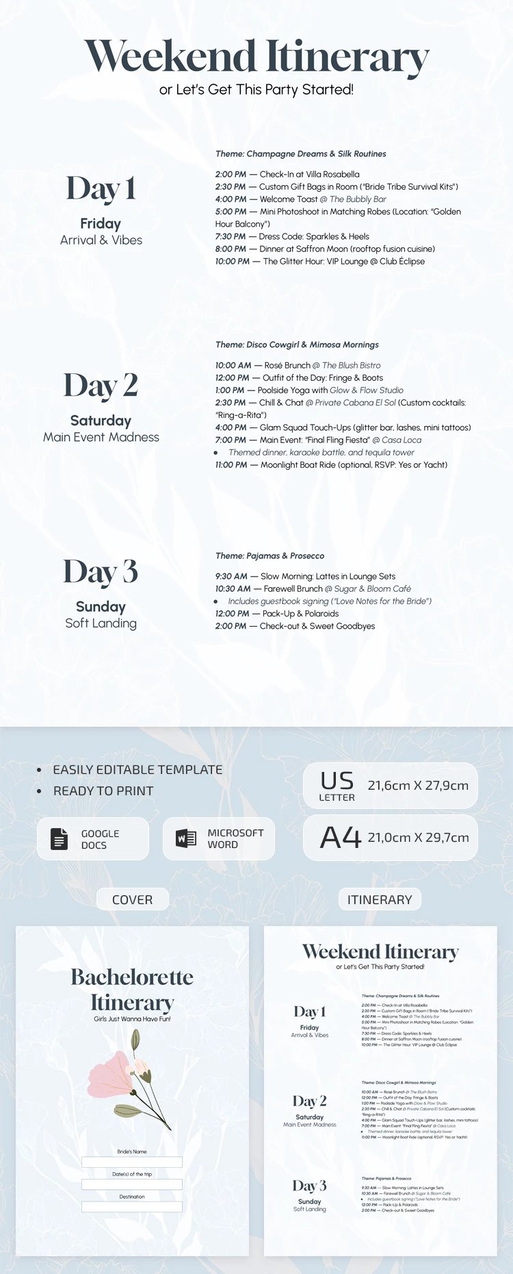 Editable Bachelorette Itinerary Template - free Google Docs Template - 10071390