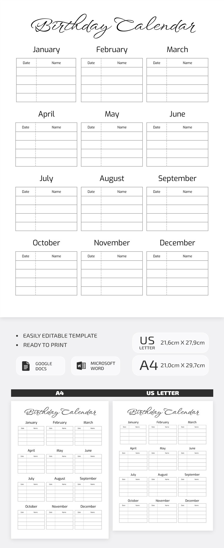 Free Editable Birthday Calendar Template– for Family & Friends Template