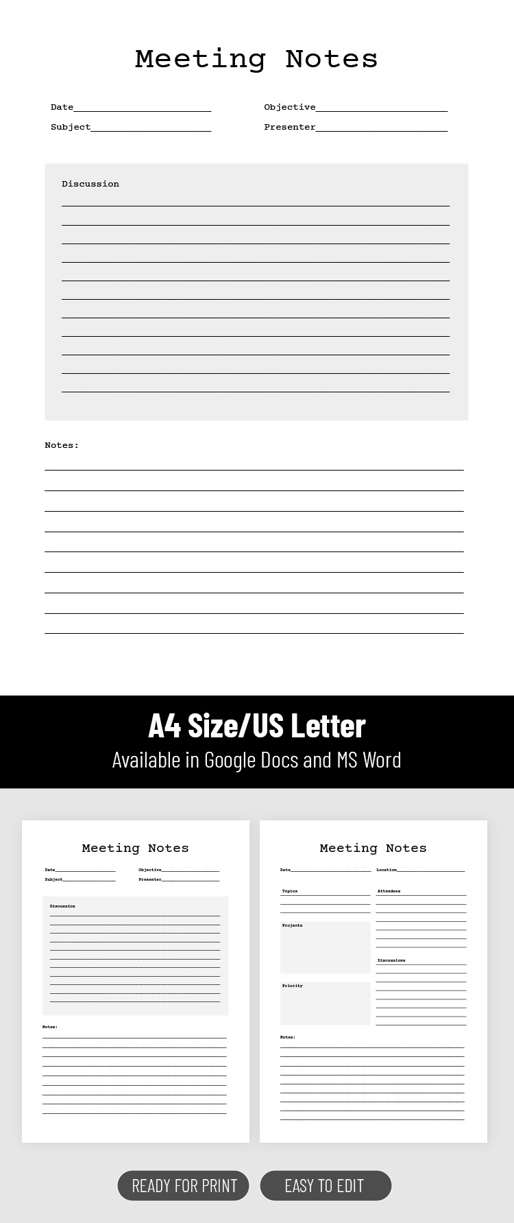 Plantillas gratuitas de notas de reuniones para Google Docs y Word |  thegoodocs.com, image size:750x1783