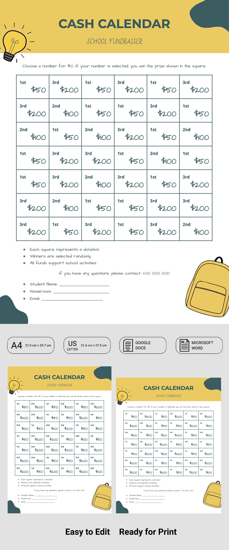 Aperçu de Modèle de collecte de fonds de calendrier éditable pour Google Docs and Microsoft Word