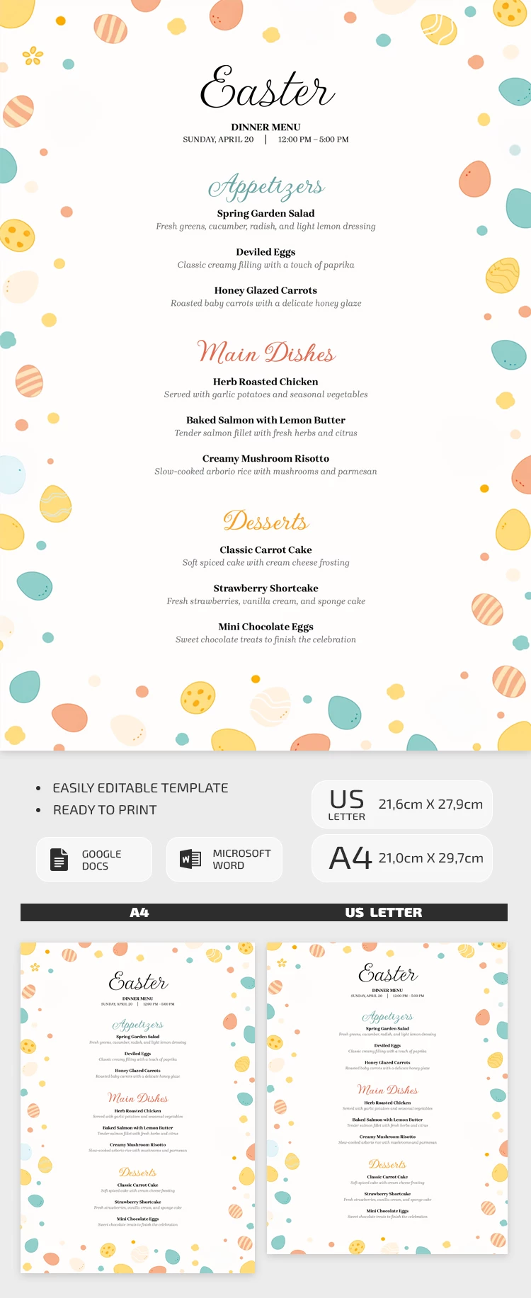 Vista previa de Plantilla editable del menú de Cena de Pascua para Google Docs and Microsoft Word