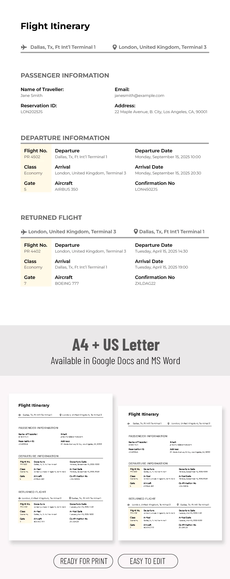 Modèle de planning de vol simple modifiable - free Google Docs Template - 10071736