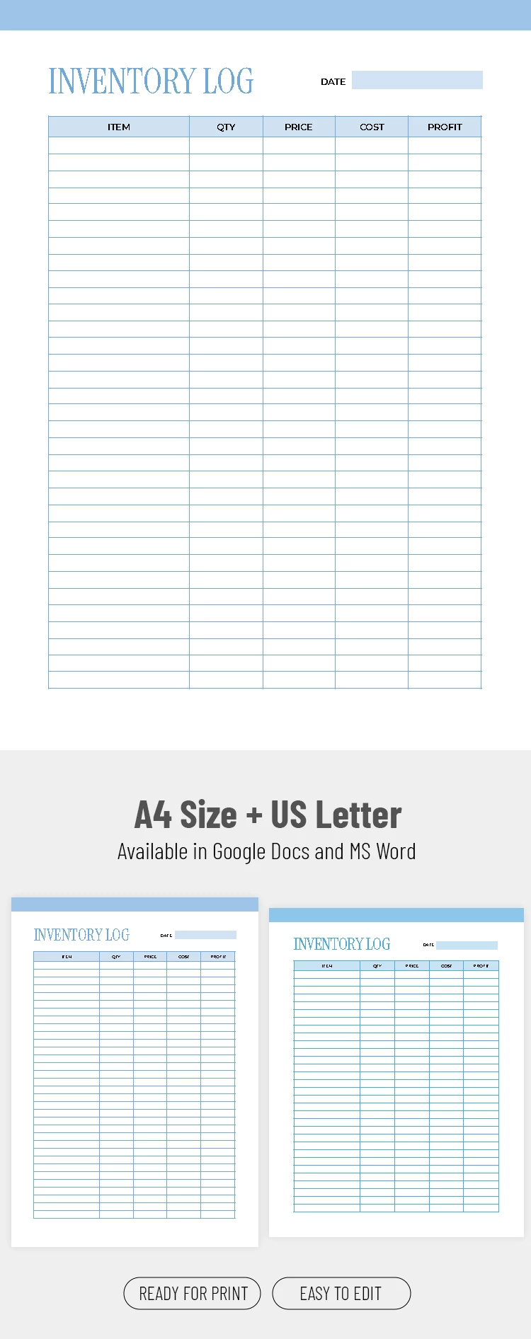Preview of Editable Inventory Log Template for Google Docs and Microsoft Word