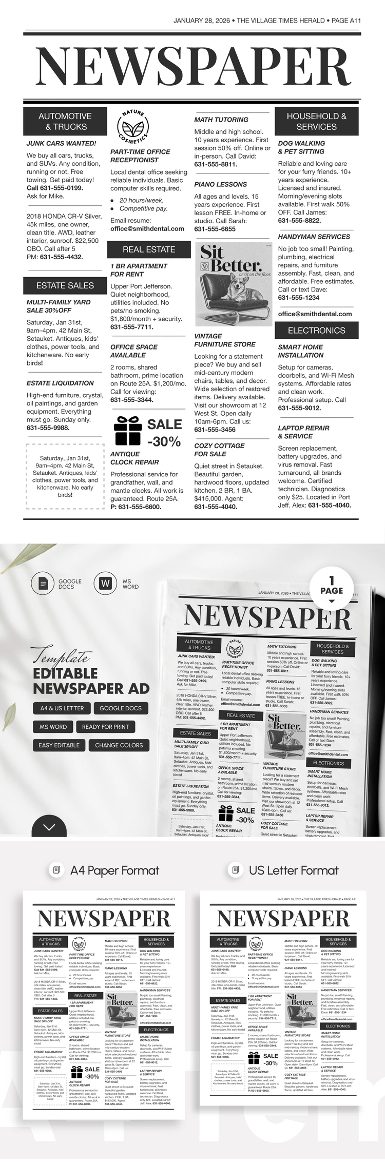 Preview of Editable Newspaper Ad Template for Google Docs and Microsoft Word