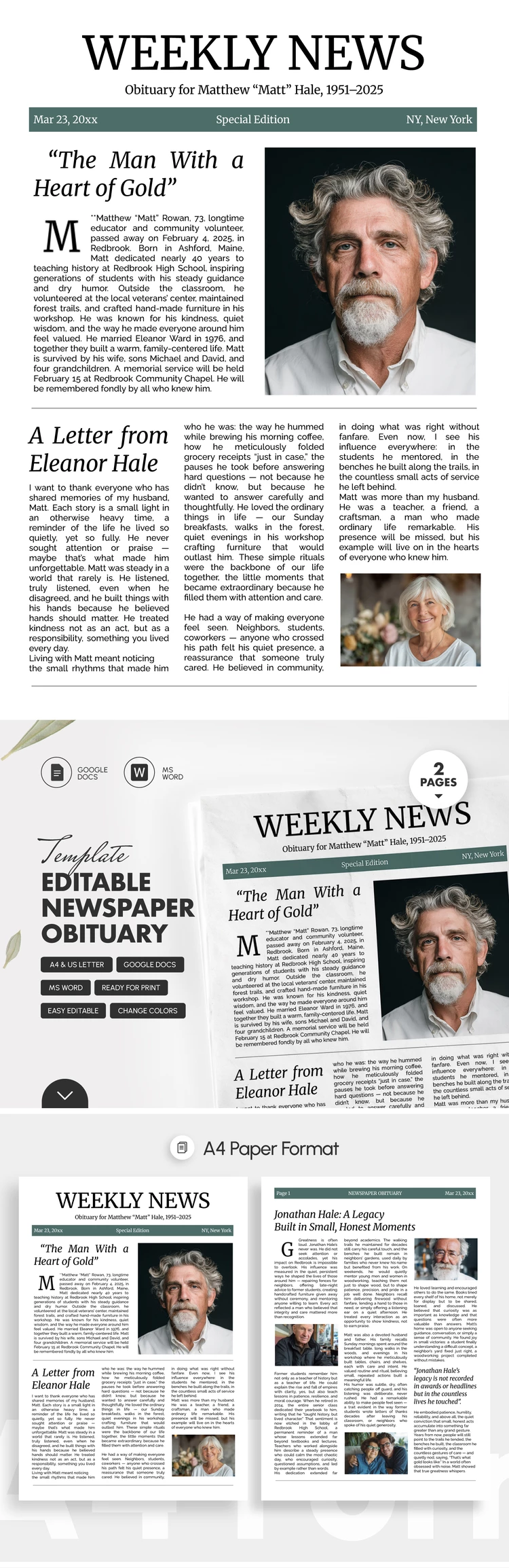 Editable Newspaper Obituary Template for Family & Memorials - free Google Docs Template - 10072239