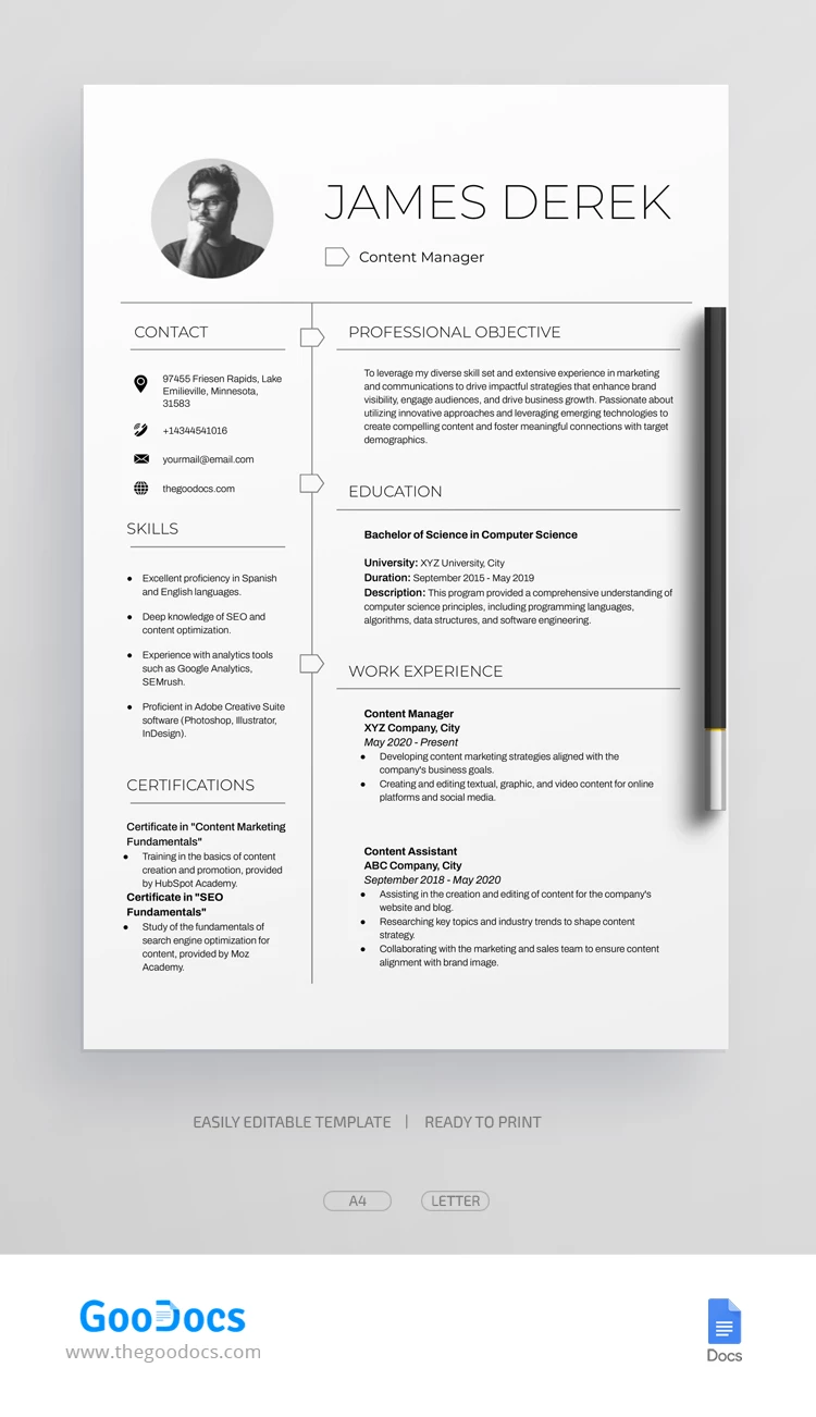 Bearbeitbarer professioneller Lebenslauf - free Google Docs Template - 10068565