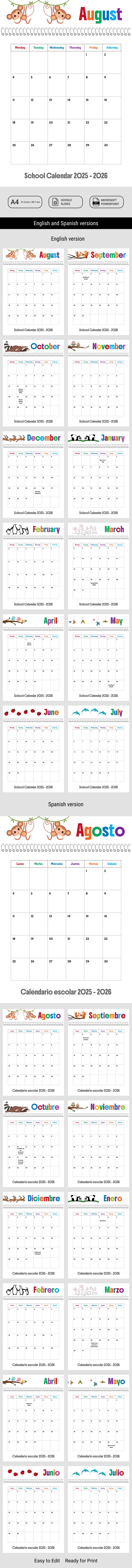 Editable School Calendar Template 2025-2026 English & Spanish - free Google Docs Template - 10071601
