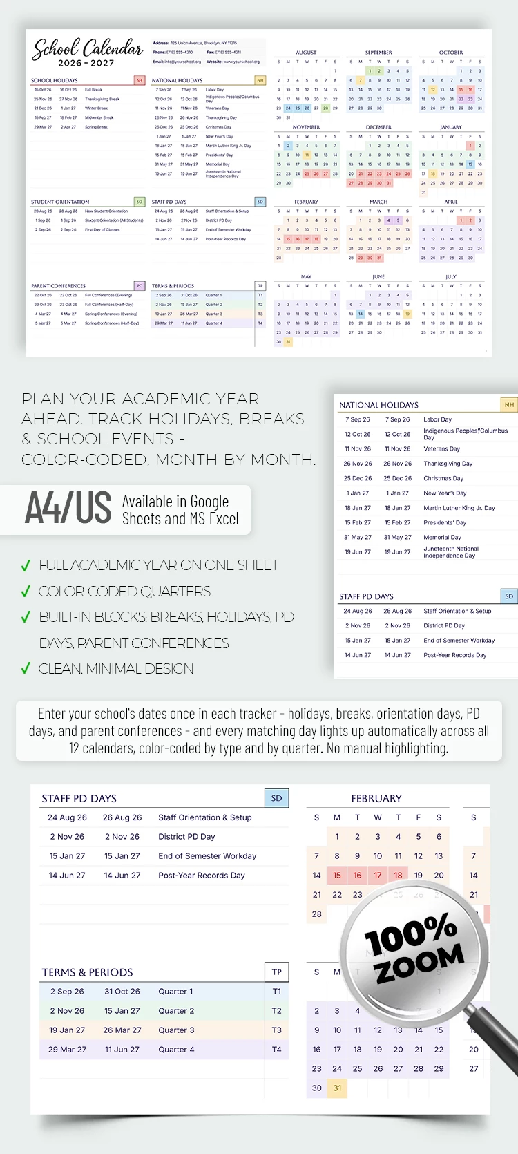 Vista previa de Plantilla de calendario escolar editable 2026-2027 para Google Sheets and Microsoft Excel