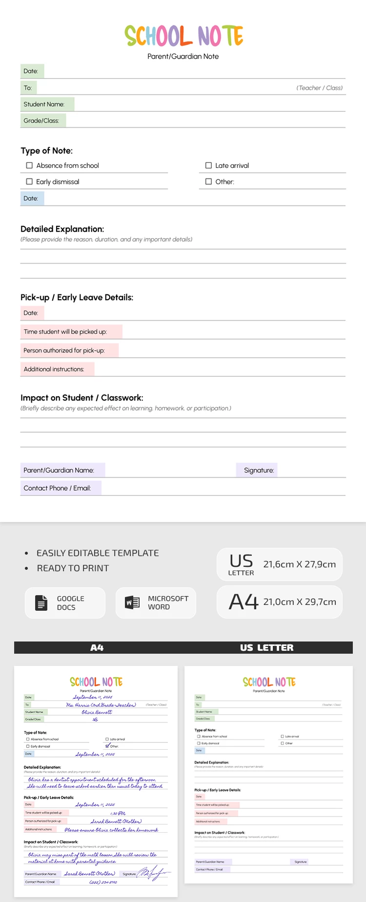 Editable School Note Template from Parents - free Google Docs Template - 10071710