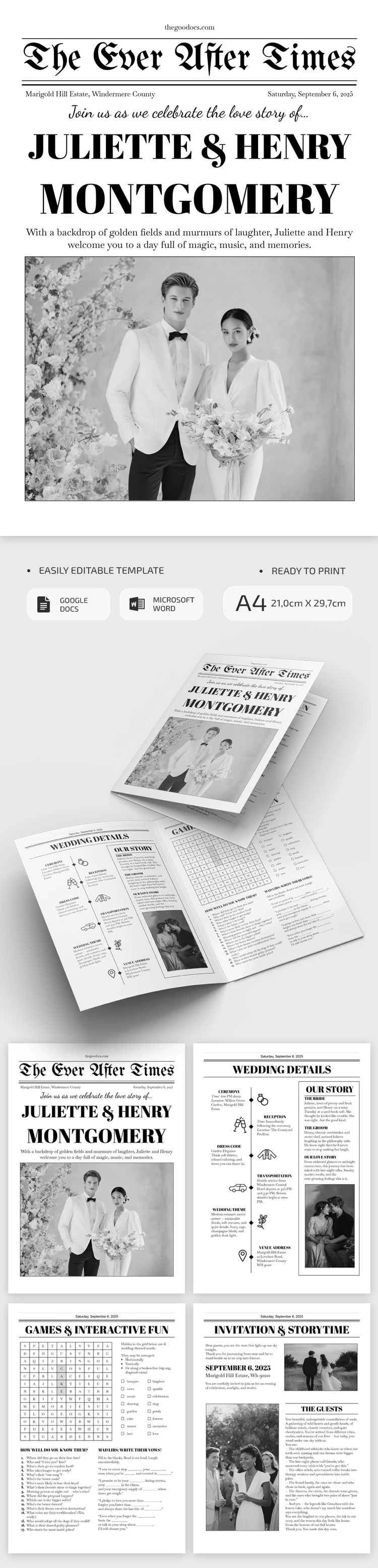 Plantilla de periódico de bodas editable - free Google Docs Template - 10071305