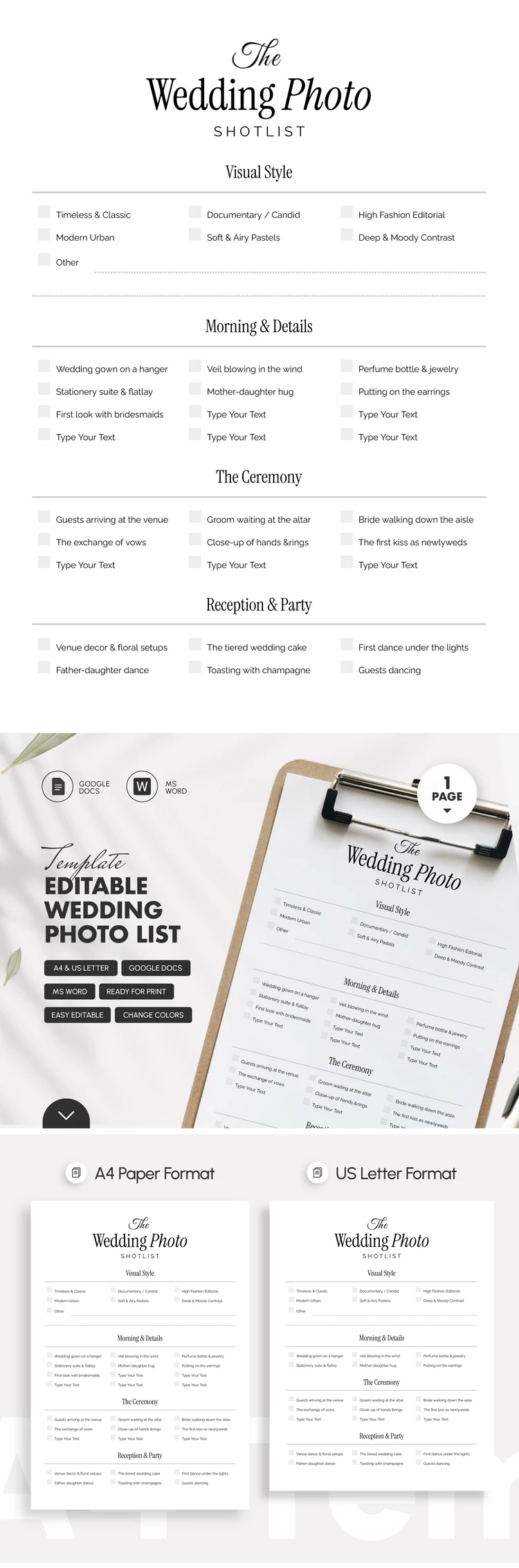 Preview of Editable Wedding Photo List Template for Google Docs and Microsoft Word