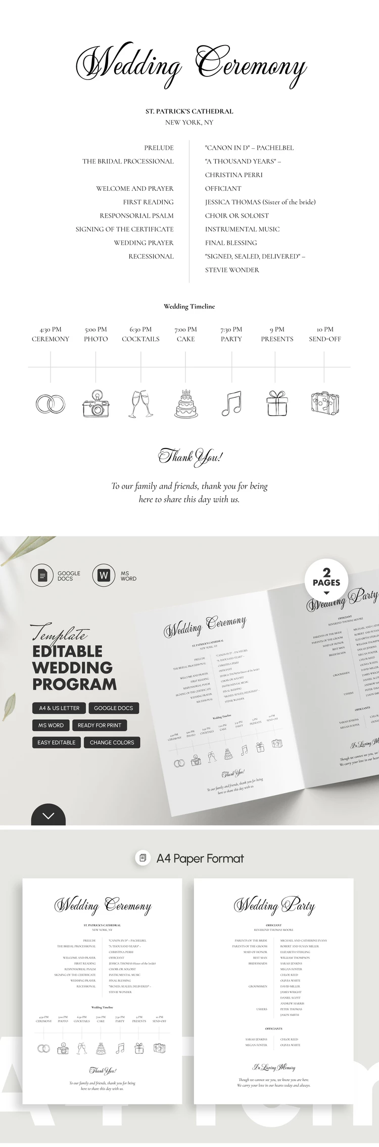 Preview of Editable Wedding Program Template for Google Docs and Microsoft Word
