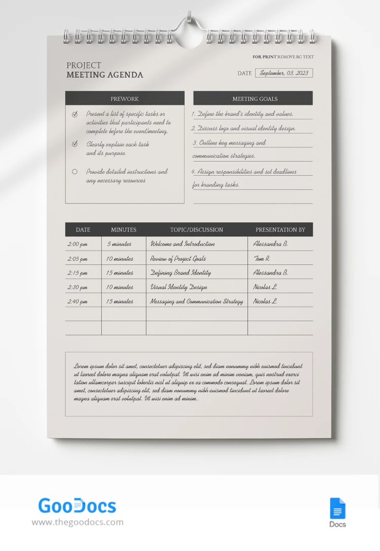 Agenda de reunión minimalista en blanco editable - free Google Docs Template - 10067735