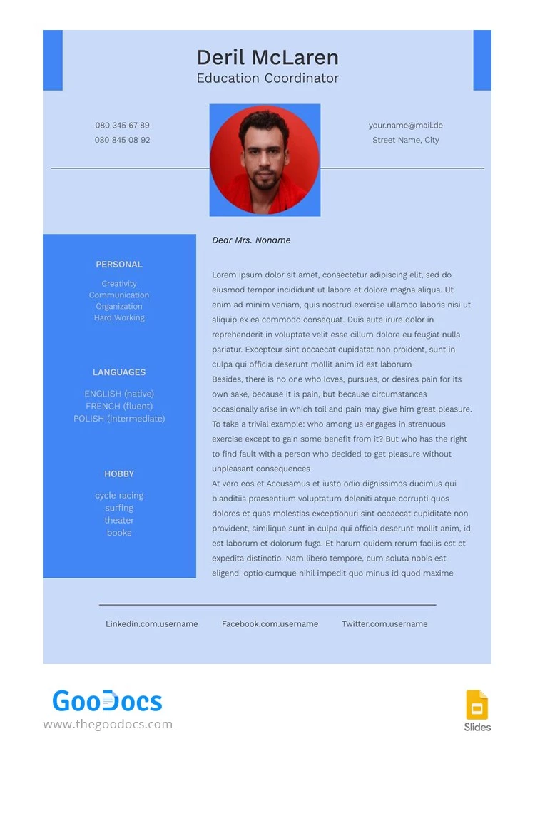 Carta de presentación para Coordinador(a) de Educación. - free Google Docs Template - 10065763