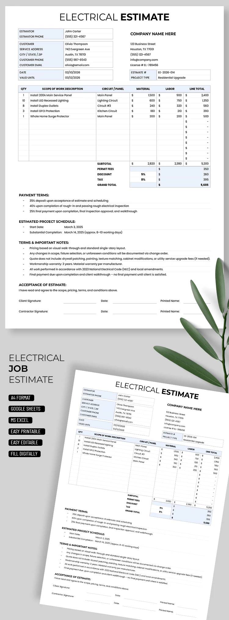 Electrical Estimate Template - free Google Docs Template - 10072713