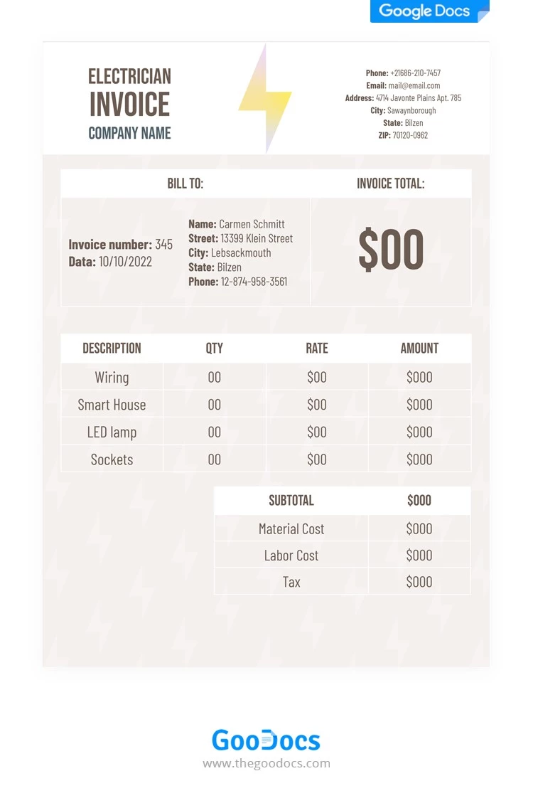 Electrician Invoice - free Google Docs Template - 10062071