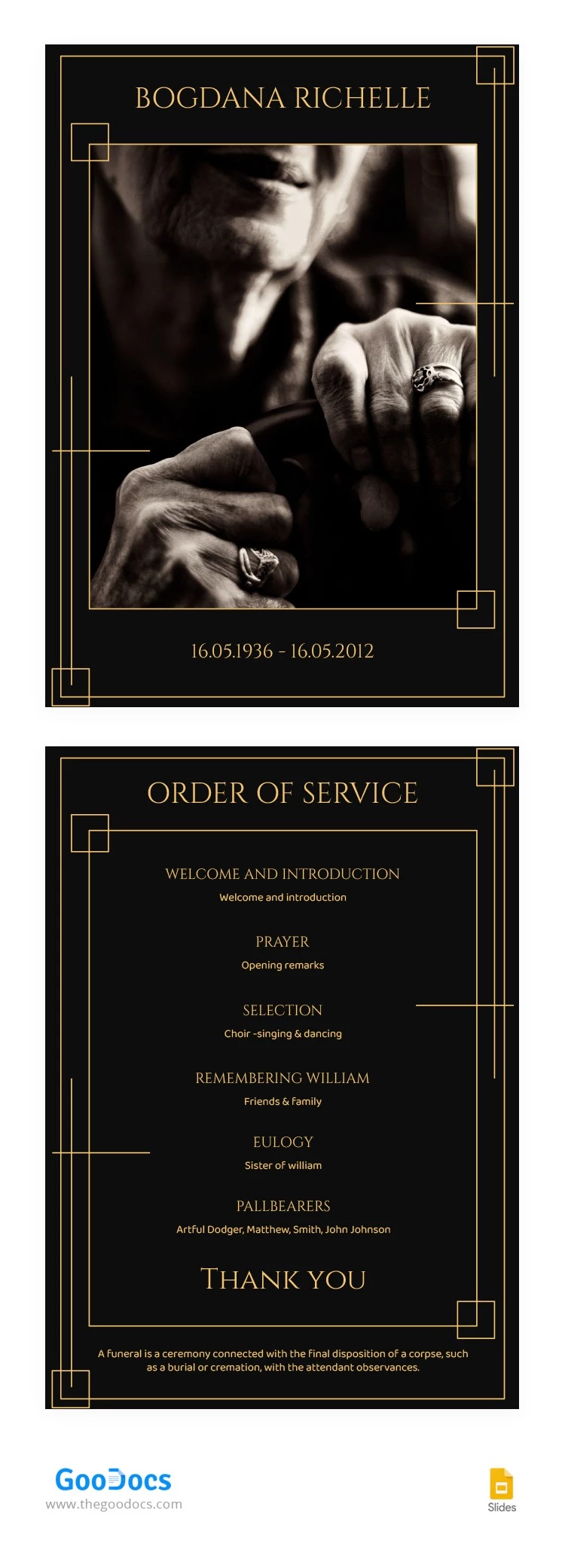 Elegante Programa de Funeral em Preto - free Google Docs Template - 10064875