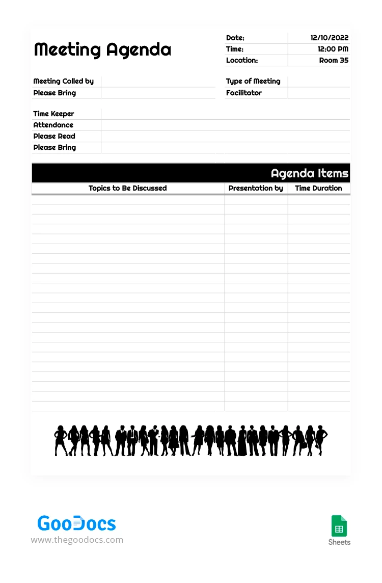 Agenda da reunião formal elegante em preto e branco - free Google Docs Template - 10062333