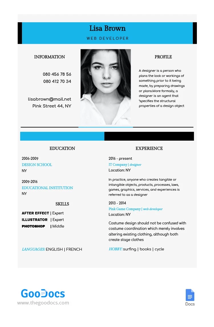 CV de Desenvolvedor Simples - free Google Docs Template - 10062440