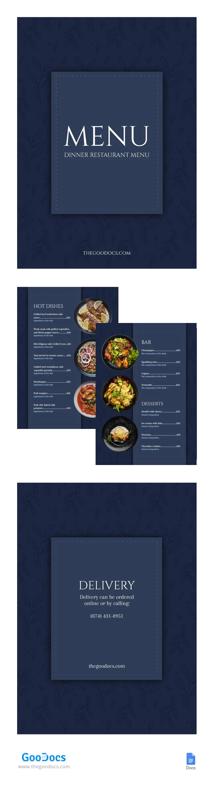 Ementa de Restaurante para Jantar Elegante - free Google Docs Template - 10065111
