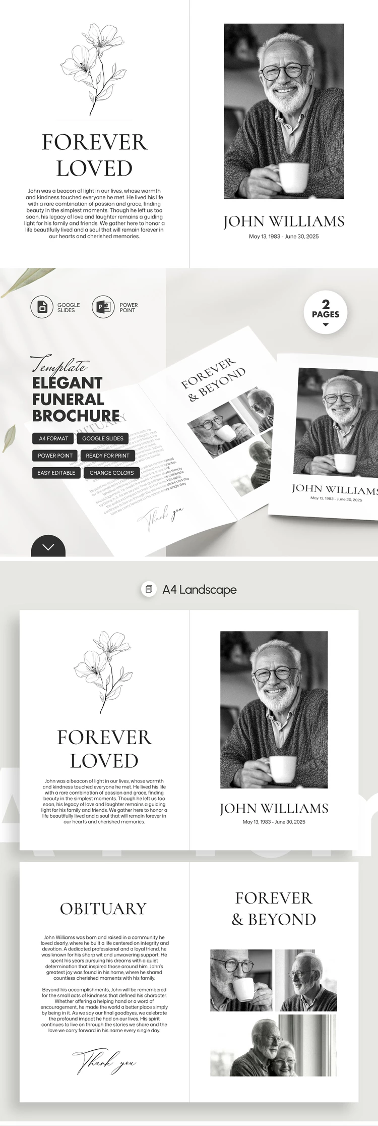 Vista previa de Plantilla elegante de folleto funerario Bifold para Google Slides and Microsoft PowerPoint