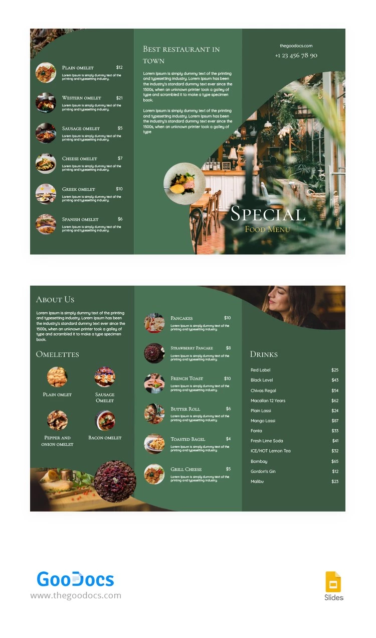 Elegante folleto del restaurante verde. - free Google Docs Template - 10064816