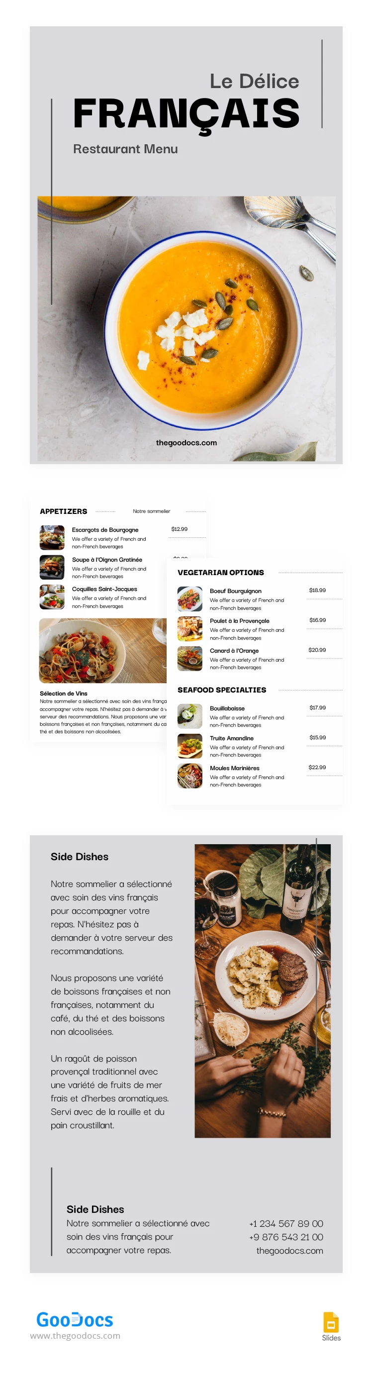 Elegante menú de restaurante francés en color gris. - free Google Docs Template - 10067313