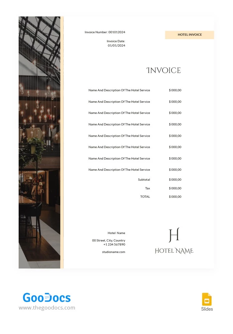 Elegant Hotel Invoice - free Google Docs Template - 10066043