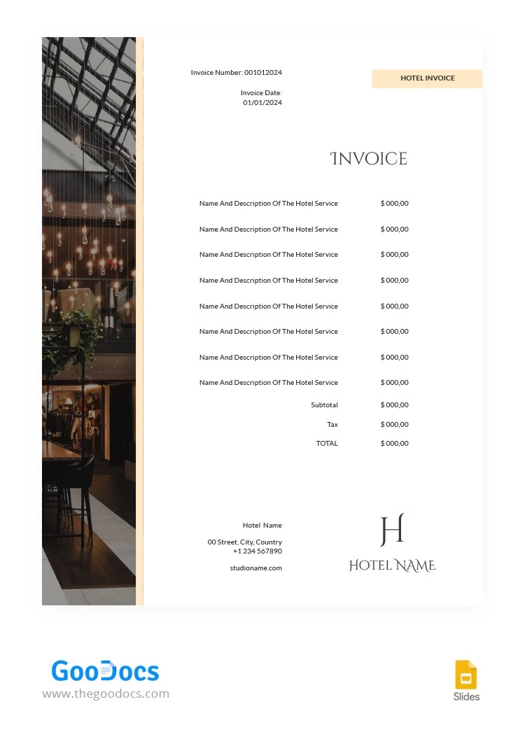 Fatura do Hotel Elegante - free Google Docs Template - 10066043