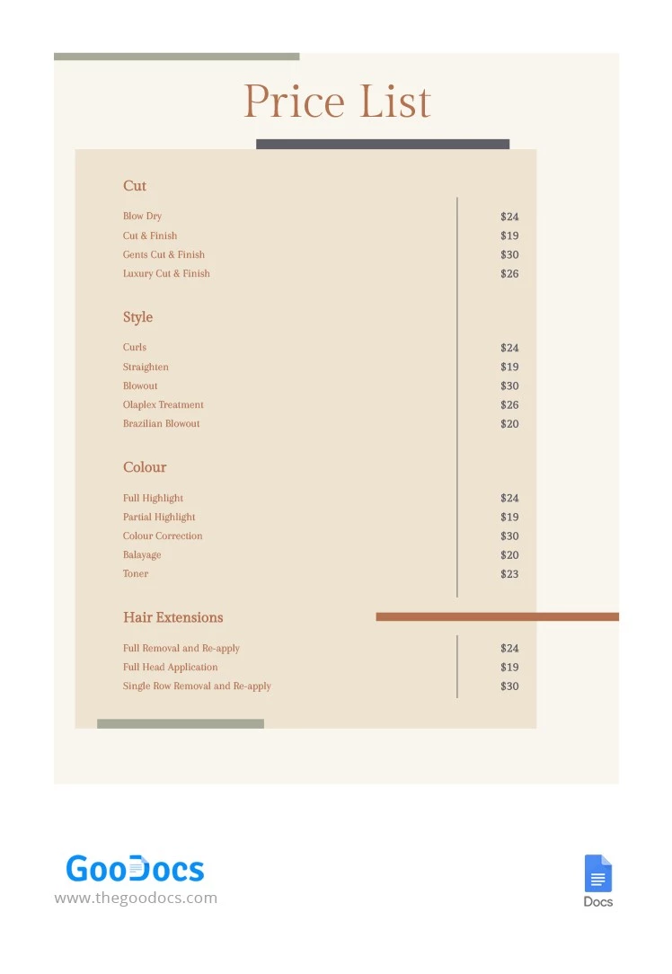 Elegant Price List - free Google Docs Template - 10063866