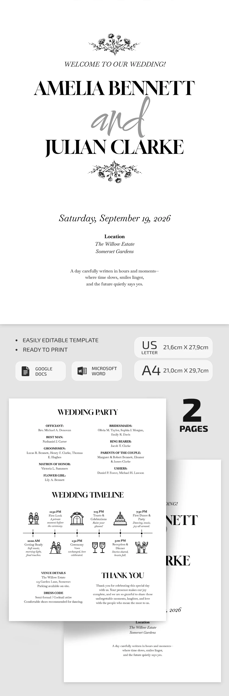 Elegant Wedding Day Timeline Template - free Google Docs Template - 10072699
