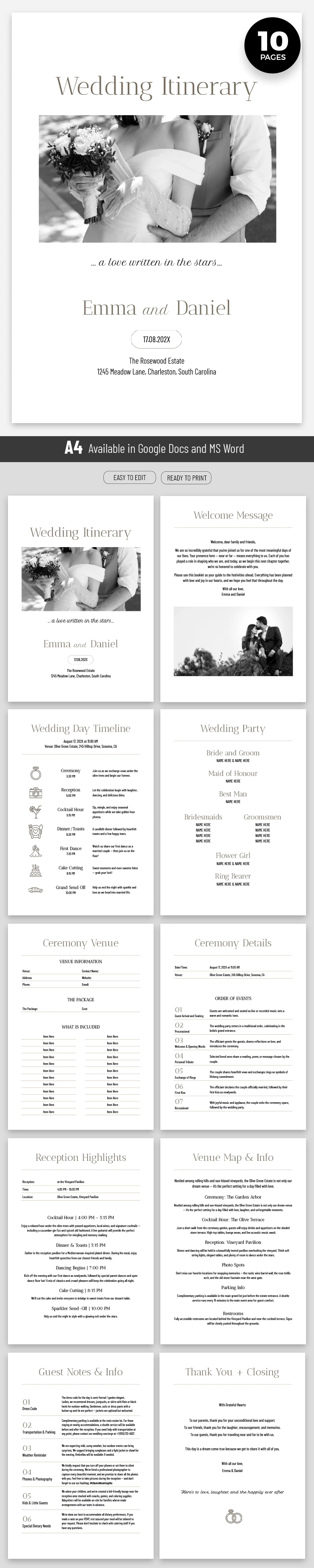 Elegant Wedding Itinerary Template - free Google Docs Template - 10071332