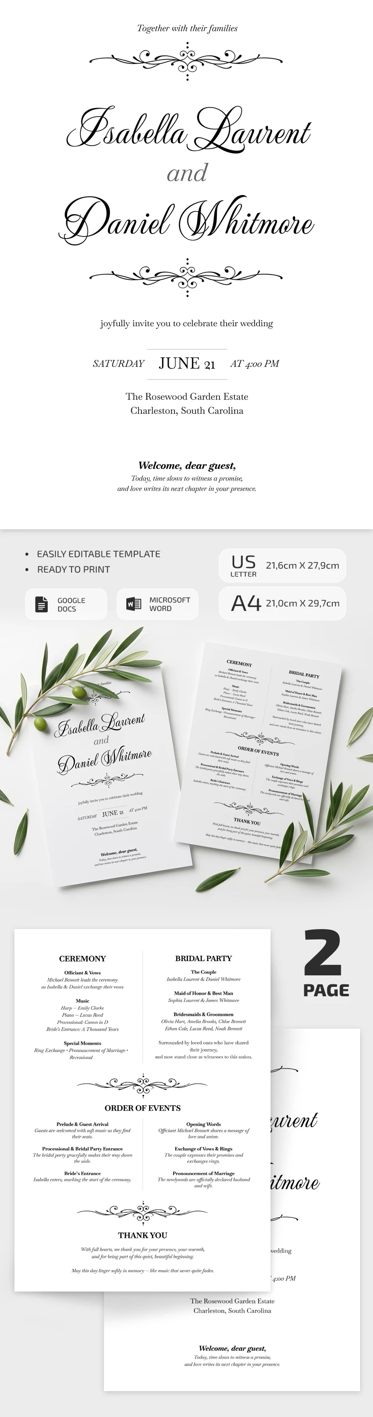 Preview of Elegant Wedding Program Template for Google Docs and Microsoft Word