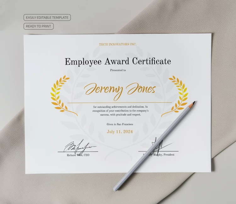 Certificado de premio para empleados - free Google Docs Template - 10068958