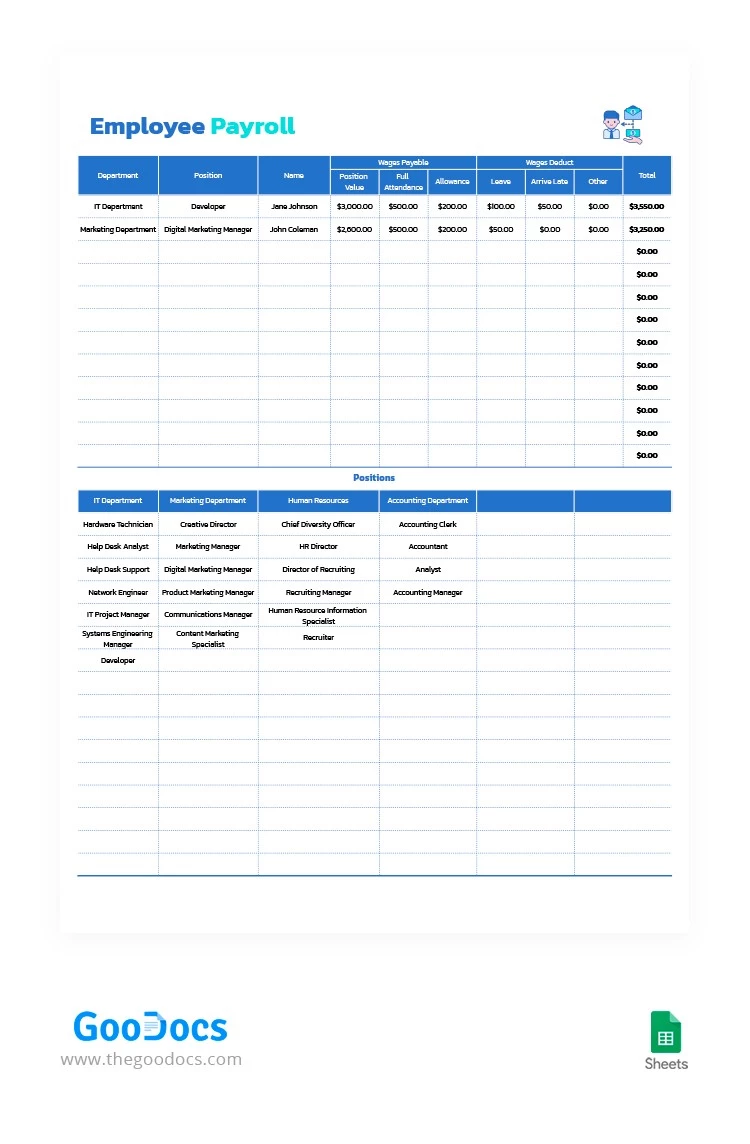 Employee Payroll with Filters - free Google Docs Template - 10062832