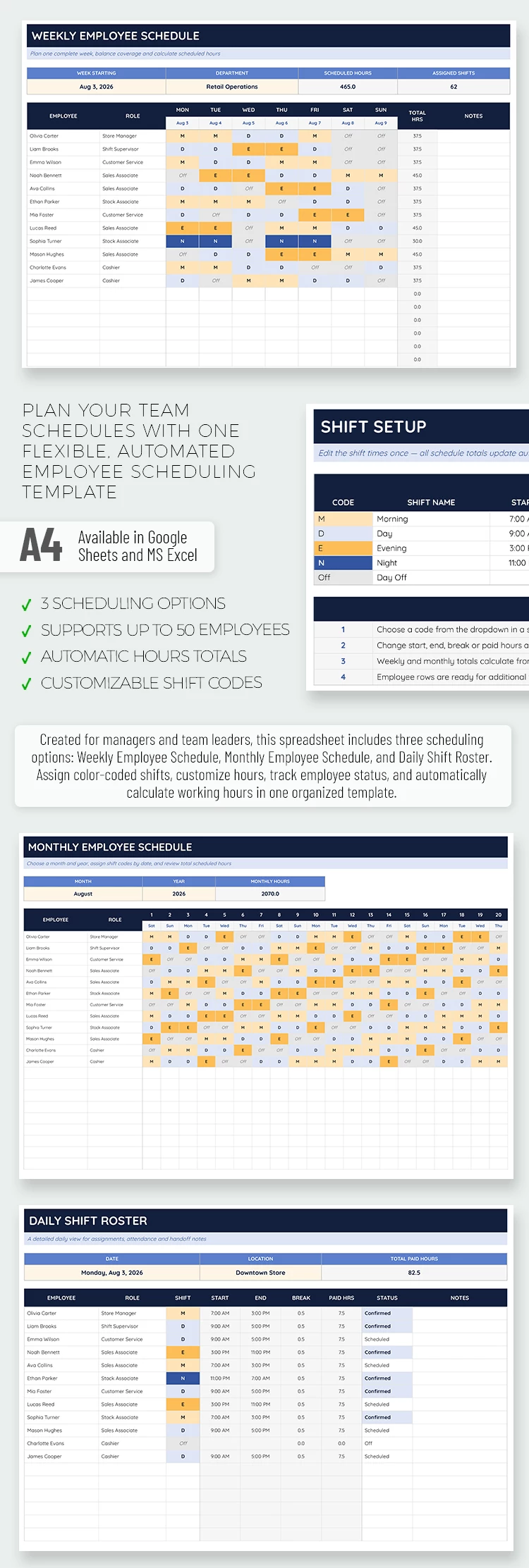 Preview of Employee Schedule Templates for Google Sheets and Microsoft Excel