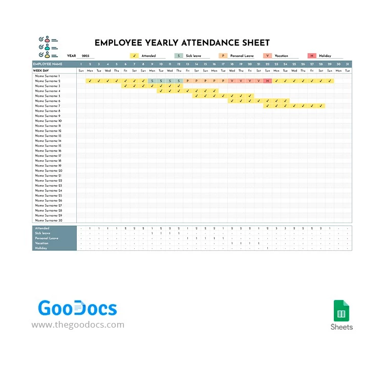 Hoja de asistencia anual de empleados - free Google Docs Template - 10065810