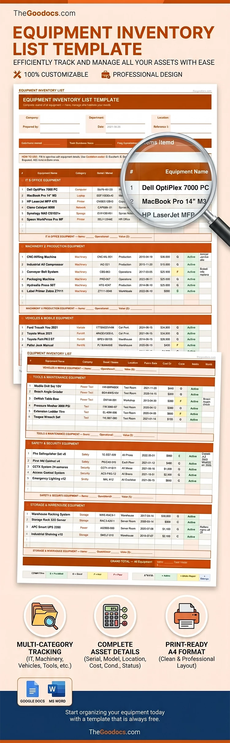 Pré-visualização de Modelo de Lista de Inventário de Equipamentos para Google Docs and Microsoft Word