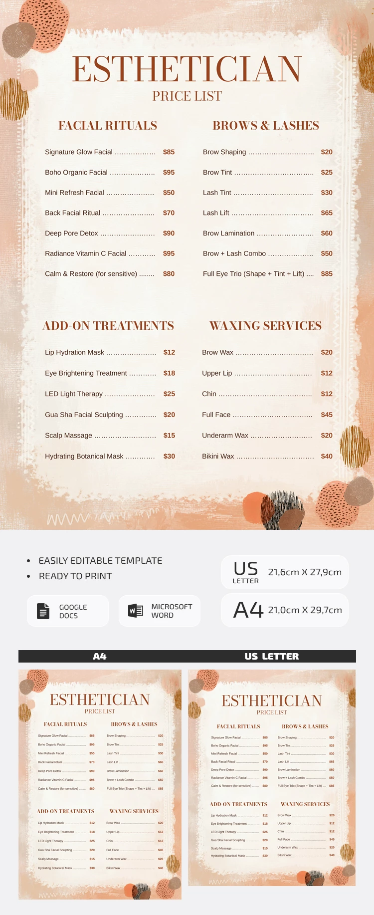 Editable Esthetician Boho Price List Template - free Google Docs Template - 10071587