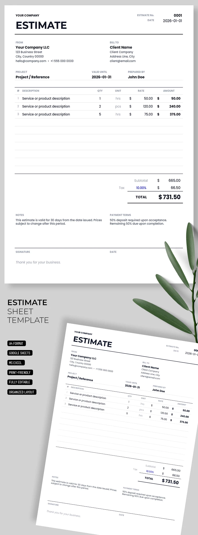 Preview of Estimate Sheet Template for Google Sheets and Microsoft Excel