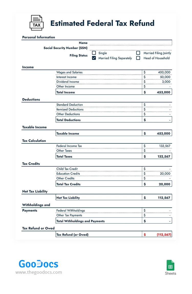 Estimated Federal Tax Refund - free Google Docs Template - 10067131