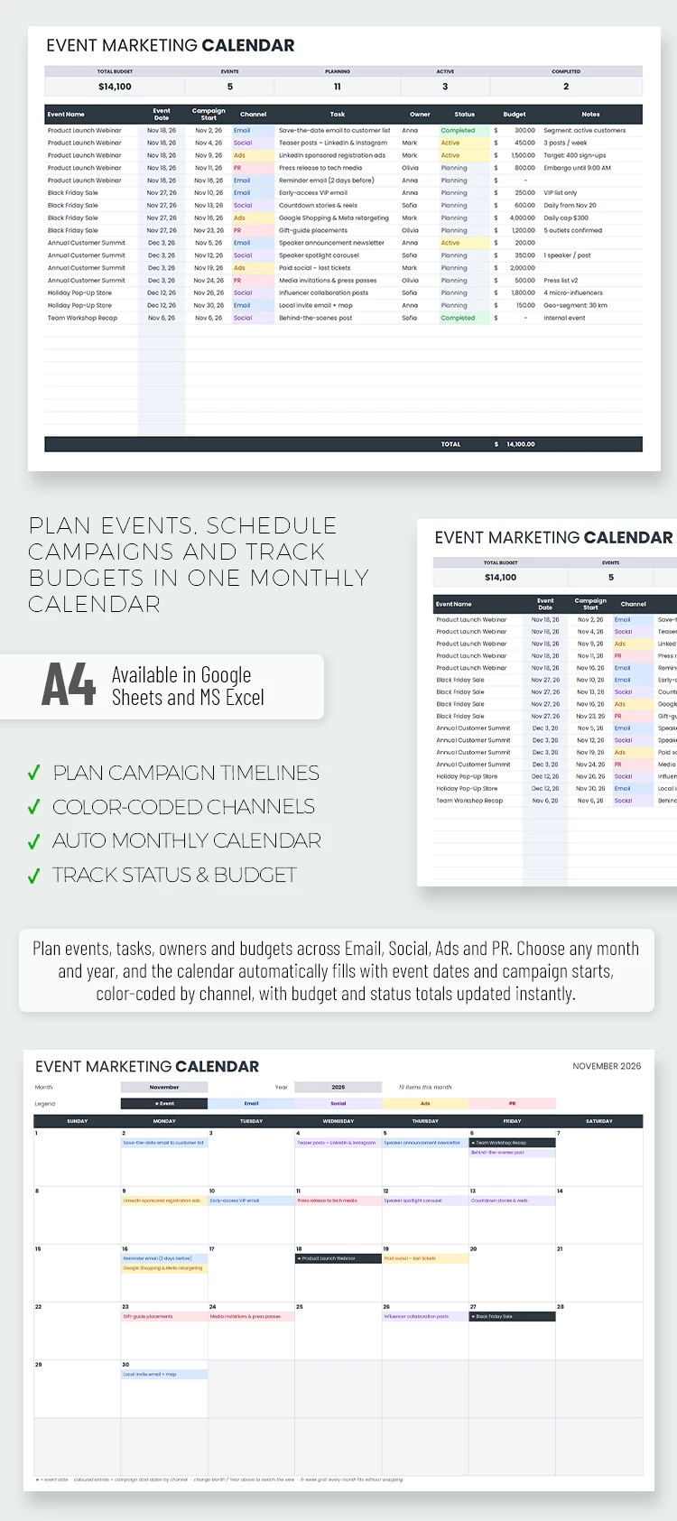 Preview of Event Marketing Calendar Template for Google Sheets and Microsoft Excel