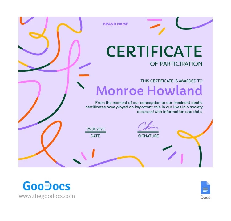 Certificado Roxo Empolgante - free Google Docs Template - 10064201