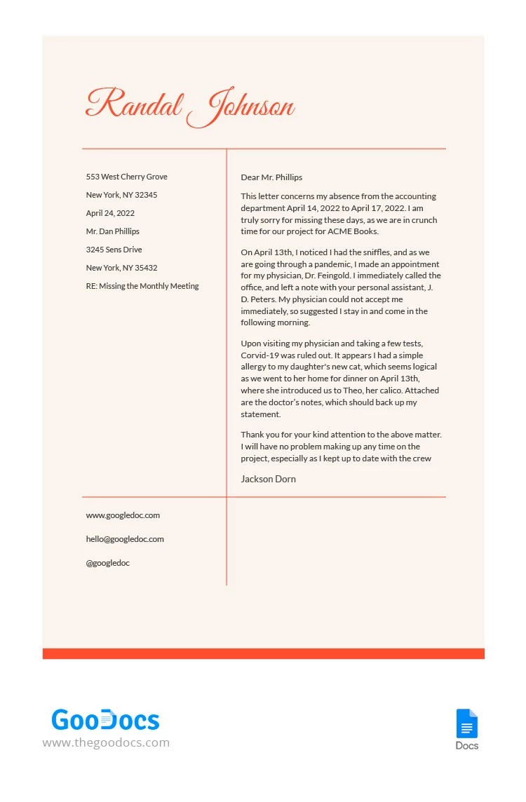 Excuse Cover Letter - free Google Docs Template - 10062933