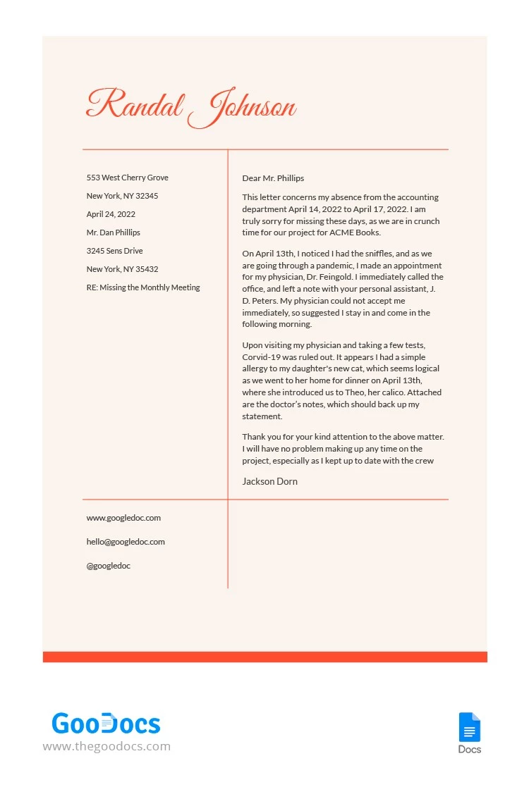 Carta de excusa laboral - free Google Docs Template - 10062933