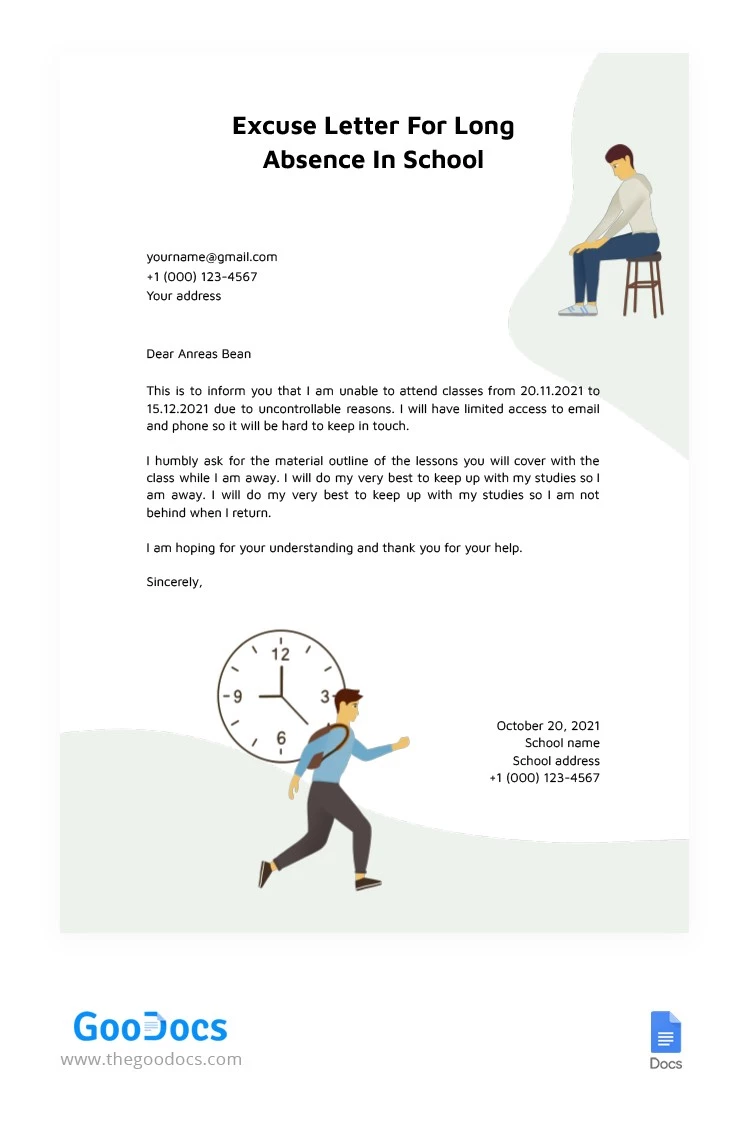 Excuse Letter for Long Absence In School - free Google Docs Template - 10062649