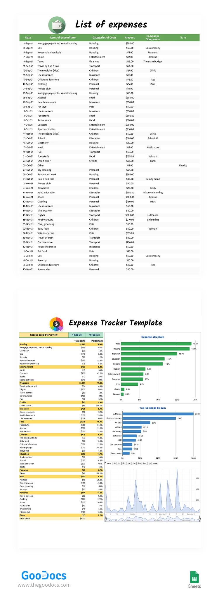 费用跟踪器带图表 - free Google Docs Template - 10063665