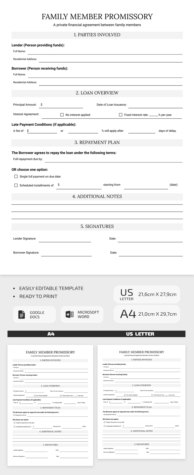Preview of Family Member Promissory Note Template for Google Docs and Microsoft Word