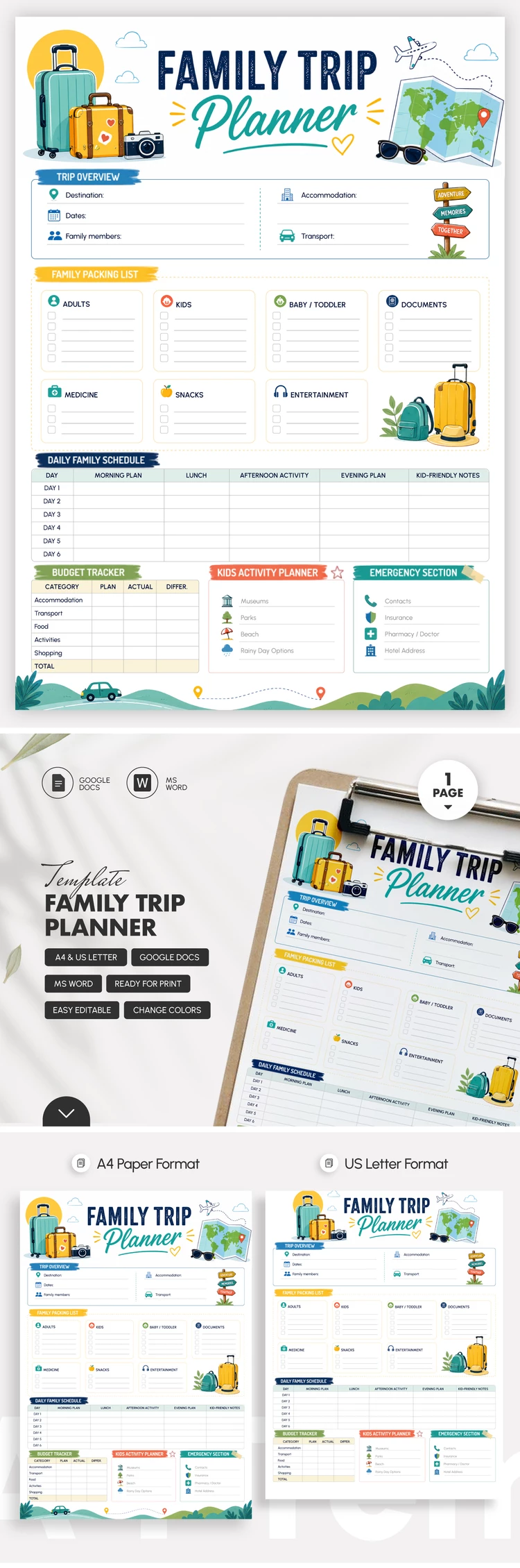 Preview of Family Trip Planner Template for Google Docs and Microsoft Word