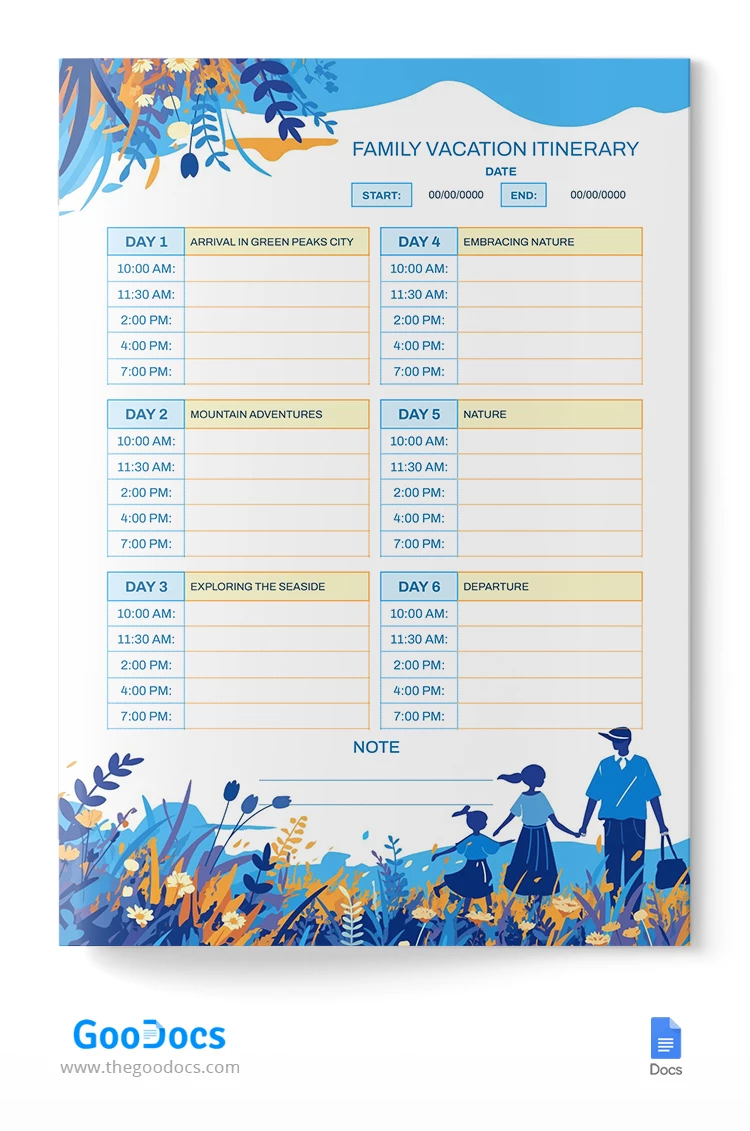 Itinerario di vacanza in famiglia - free Google Docs Template - 10068357